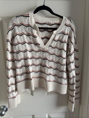 Marled Cream Open-Knit V-Neck Sweater with Black and Rust Stripes